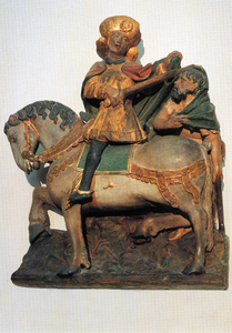 602100 Afbeelding van een replica van een beelddhouwwerk voorstellend Sint Maarten, in de Domkerk (Domplein) te Utrecht.